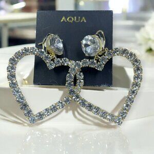 Aqua Crystal Heart Drop Earrings Gold Tone Statement Glam Sparkle NWT Gift